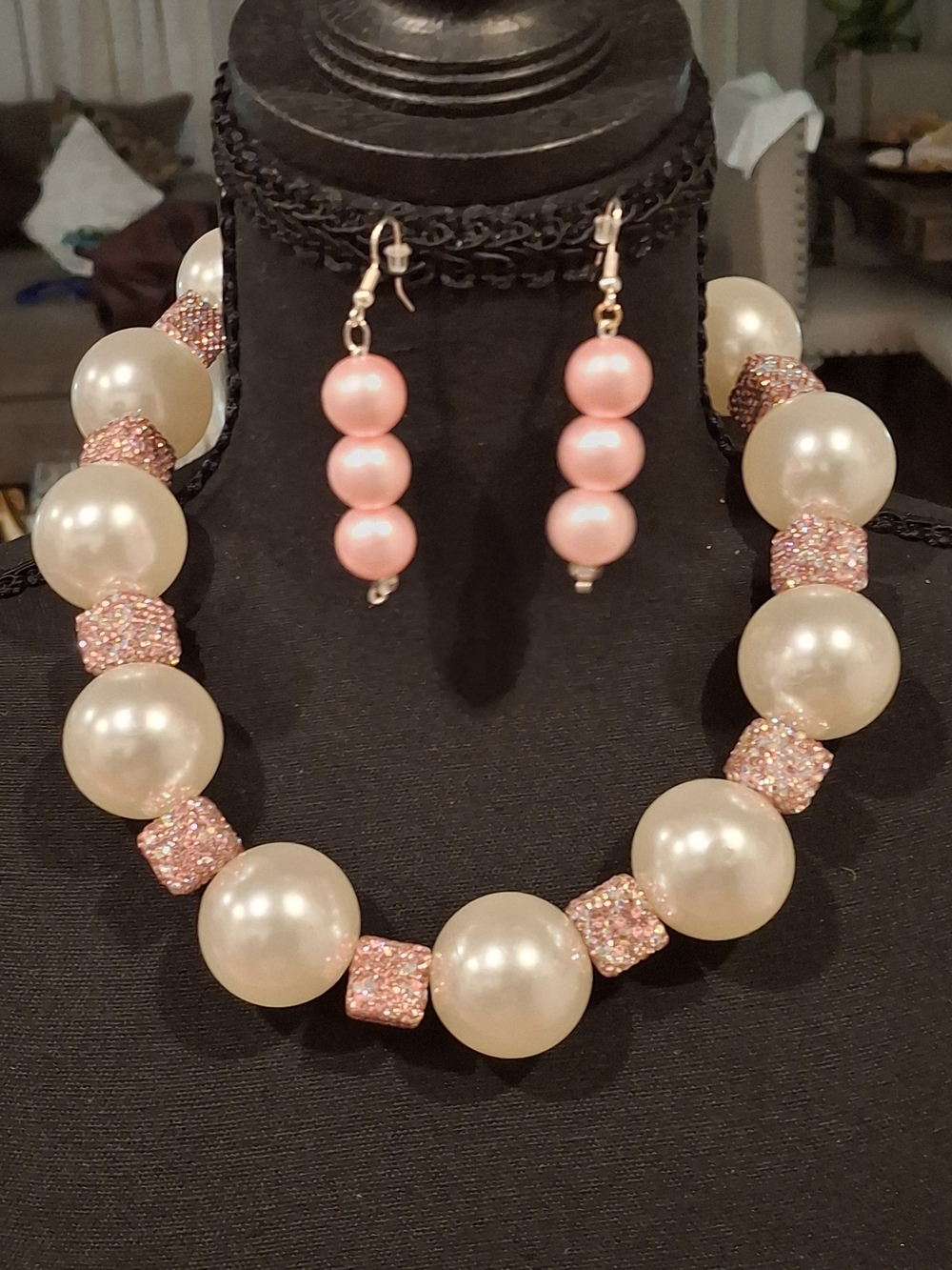 Handmade Elegant Pink and Cream Jumbo Beads Pearl Necklace Set.